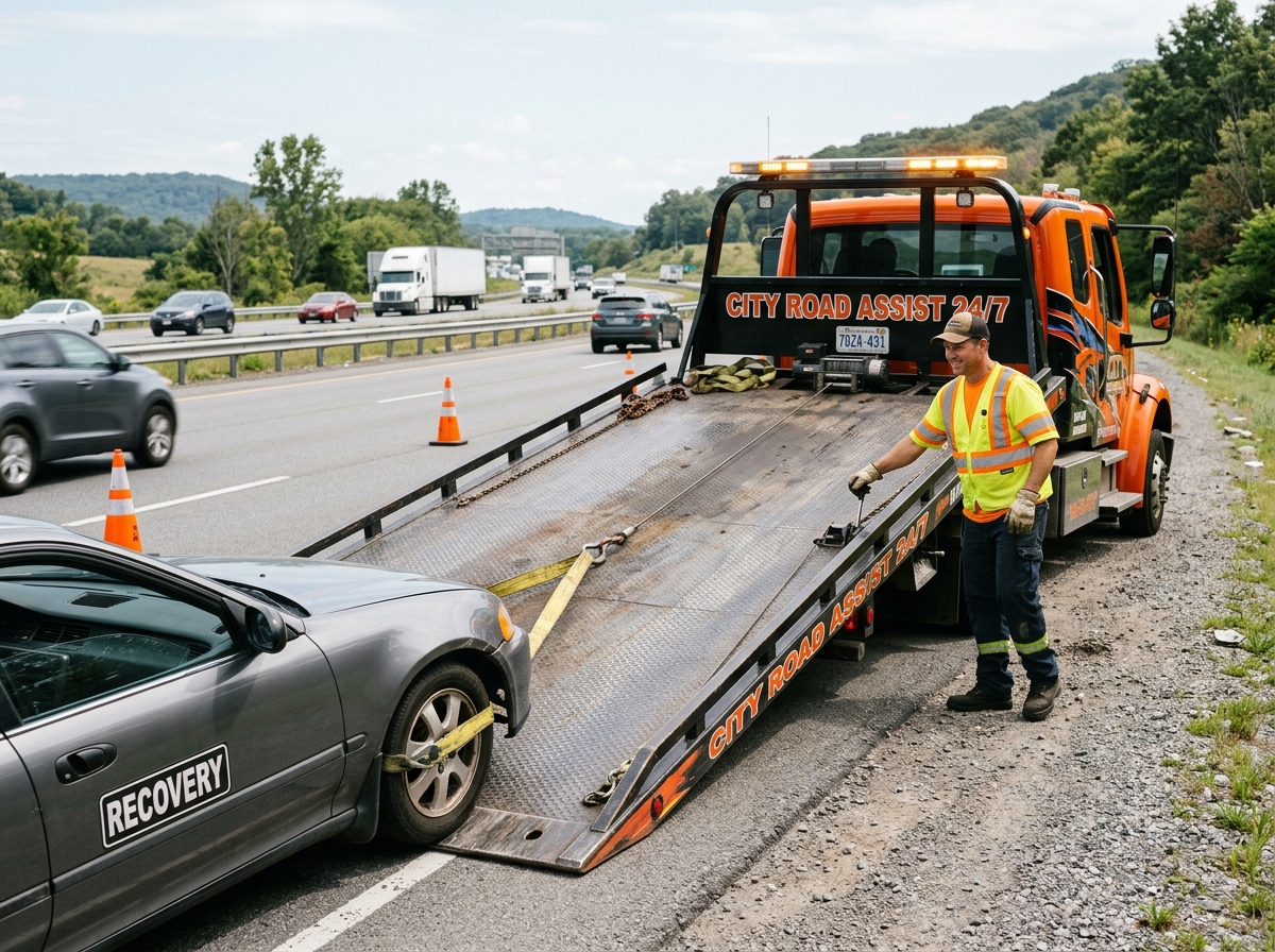 Vehicle safely loaded onto tow truck for transport