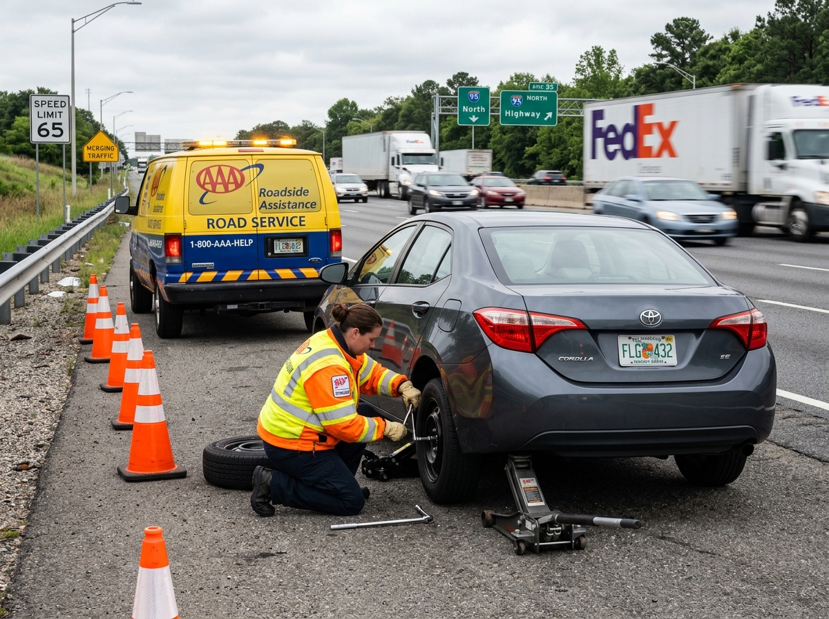 Roadside tire assistance service on the highway shoulder